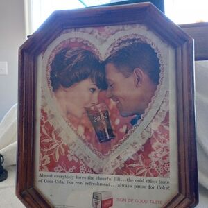 Vintage Coca Cola Heart-Shaped Advertisement Art with Brown Frame Circa 1959